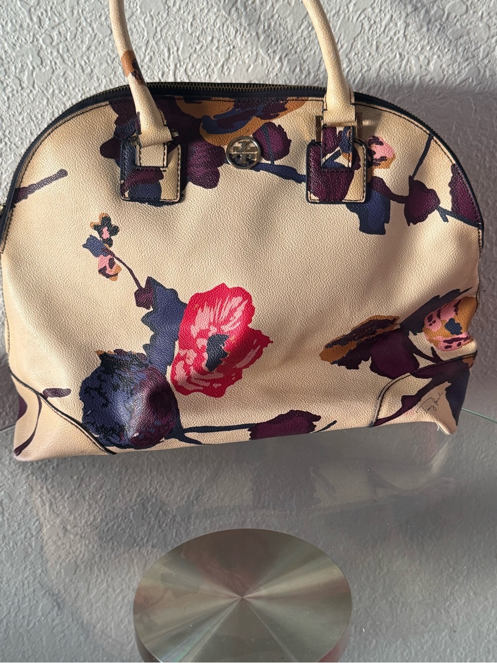 Tory Burch Beige Satchel with Pink and Purple Floral Print